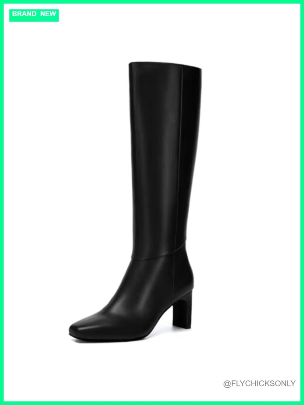 Knee High Boots Square Toe Chunky Heel Tall PU Leather Side Zip